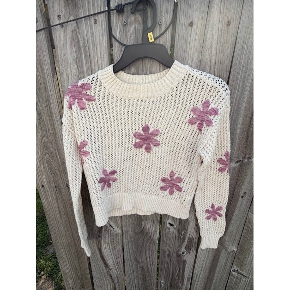 Cottagecore Boho Sugar Moon Floral Open Knit Sweater XS Cream Purple Whimsical